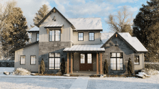 Farmhouse plan with four bedrooms, front exterior. See more views at Houseplans.