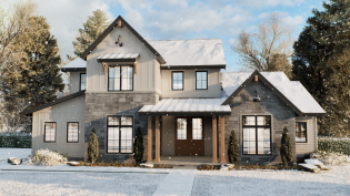 Farmhouse plan with four bedrooms, front exterior. See more views at Houseplans.