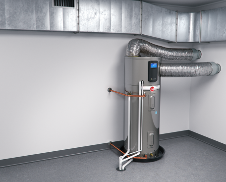 A heat pump water heater can be installed with ducting. Most water heater manufacturers allow just the inlet duct (if the water heater is in a small space and additional airflow is needed), or just outlet duct (to direct the cold air exhausted by the unit to the outside), or both. (Photo courtesy Rheem Manufacturing)