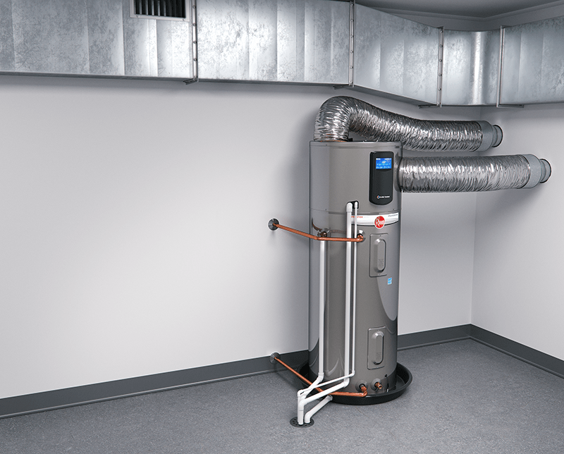 A heat pump water heater can be installed with a duct kit. Most water heater manufacturers allow just the inlet duct (if the water heater is in a small space and additional airflow is needed), or just outlet duct (to direct the cold air exhausted by the unit to the outside), or both. (Photo courtesy Rheem Manufacturing)