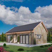 Modern tiny home plan with two bedrooms, front exterior. See details at Houseplans.