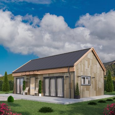 Modern tiny home plan with two bedrooms, front exterior. See details at Houseplans.