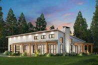 Simple barndominium plan, front exterior. See details at Houseplans.
