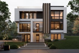 Modern house plan with walkout basement, front exterior. See details at Houseplans.