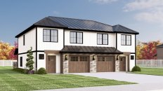 Contemporary duplex plan, front exterior. See more views at Houseplans.