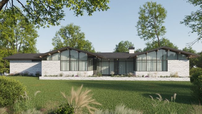 Mid century modern house plan with open layout, front exterior. See details at Houseplans.