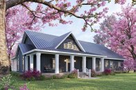 1 story house plan with wraparound porch, front exterior. See interior views at Houseplans.