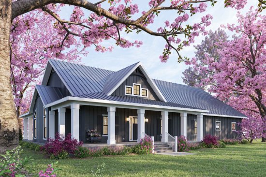 1 story house plan with wraparound porch, front exterior. See interior views at Houseplans.