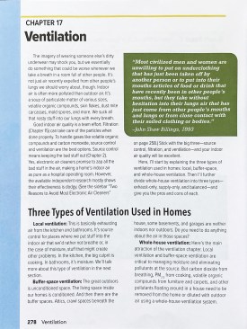 The chapter on ventilation (top) comes in Part 3 after chapters on heating and cooling systems, on filtering indoor air, and on dehumidification. This organization underscores the point Bailes makes in this interview that ventilation comes after other strategies for improving the quality of indoor air.