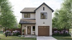 Narrow-lot starter home design, front exterior. See details at Houseplans.