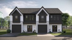 Modern duplex plan, front exterior. See more views at Houseplans.
