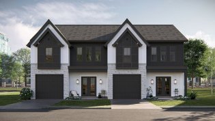 Modern duplex plan, front exterior. See more views at Houseplans.