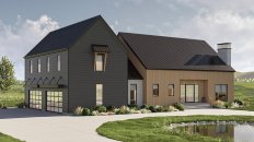 Modern barndominium plan, front exterior. See more views at Houseplans.