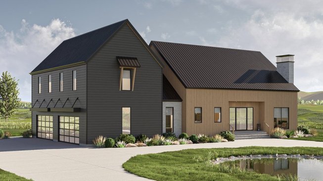 Modern barndominium plan, front exterior. See more views at Houseplans.