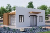 Tiny studio ADU house plan with curb appeal, front exterior. See more images at Houseplans.