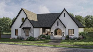 Modern cottage house plan, front exterior. See more views at Houseplans.