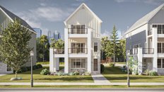 3 story farmhouse plan for a small lot, front exterior. See more views at Houseplans.