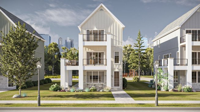 3 story farmhouse plan for a small lot, front exterior. See more views at Houseplans.