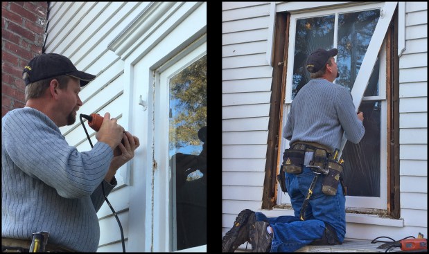 Prior to demolition, the interior side of the windows were masked off. The window removal began by first cutting through paint at the clapboard-to-trim seams with a multi-tool (photo, left), then prying the jamb trim off, (photo, right). This allowed for the removal the sashes, parting bead, and sash weights. The home’s exterior lead paint was abated 12 years earlier.