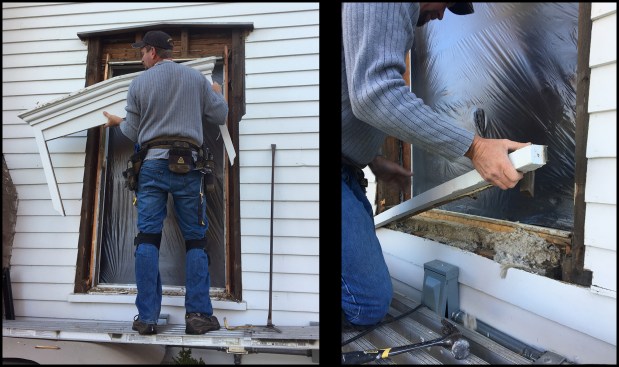 After carefully removing and salvaging the window’s pediment (photo, left), the window frame and sill was removed, exposing the roughly 3 3/4-inch-deep wall cavity (photo, right).