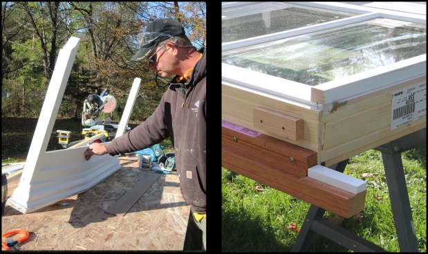The exposed surfaces of the pediment were primed (photo, left). For a small upgrade, the window units came with factory-applied mahogany sills (photo, right). In some instances, 1-by jamb extensions needed to applied to the window frame to butt the existing interior trim.
