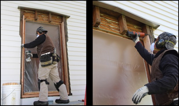 The rough opening was padded out with new 2-by stock to take up the space of the sash weights (photo, left). Here at the gable-end wall, the head is prepped for new head (and sill) framing (photo, right).