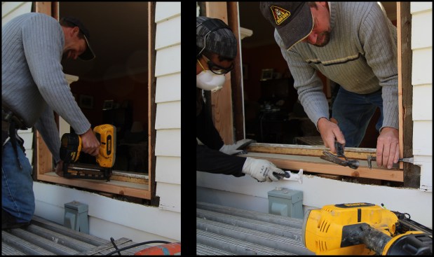 Prepping for the sill flashing, a piece of beveled siding was first installed on the sill plate for drainage (photo, left), then the siding was pulled slightly away from the existing king stud to allow room for applying small pieces of Zip System flashing tape at each corner (photo, right).