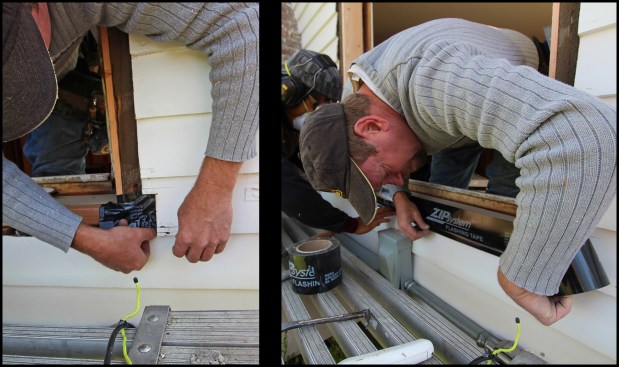 First, small pieces of Zip System flashing tape were set at each corner (photo, left). Then, a length of the flashing tape was run along the framed sill, adhering it about half an inch onto the top of the existing clapboard below for drainage (photo, right).