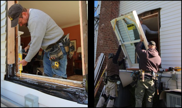 A beefy bead of sealant is applied to act as a back dam (photo, left). Beginning the window installation, the unit was first set in the opening and the sill horns were marked. The siding was then cut out at the horn locations and the window was installed (photo, right).