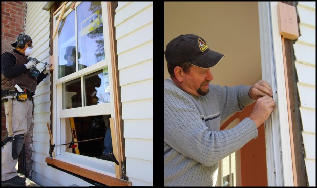 The window was leveled and held in place with clamps and blocking (photo, left). To through-jamb fasten the window, the sashes were removed and the check rail plugs in the middle of the jambs were popped out to gain access to the jamb frames (photo, right).