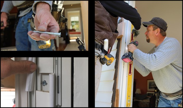Removing the unit’s check rail plugs allowed the top and bottom jamb filler strips to be slid up and down as needed to secure the unit (photo, bottom left). On each jamb, we used 3-1/2-inch-long #10 screws at the top and bottom and a GRK adjustable Top Star shim screw in the middle (photo, top left).  The shim screws allowed us to micro-adjust the jamb for plumb and straightness (photo, right).