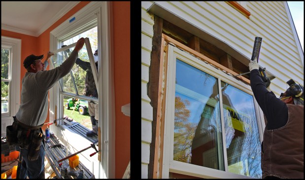 With the window secured, the frame pieces and window sashes were reinstalled (photo, left). The head and jambs were air-sealed from the exterior with spray foam (photo, right).
