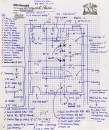 The author takes quality jobsite notes, jotting down what is not included, what to tear out (t/o), any perceived difficulties, and general site conditions. Here, for a recent finish basement remodel, he checked off the items with red check marks as he brought them into his job scope and estimating program (applying hours and quantities to do each task).