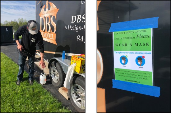 A hand-washing station (left) complete with hand soap, rinse water in a sprayer, paper towels, and hand sanitizer is currently mandatory on all jobsites (and will be after the pandemic, per company policy). An example of the laminated COVID safety signage prominently placed around the jobsite (right).