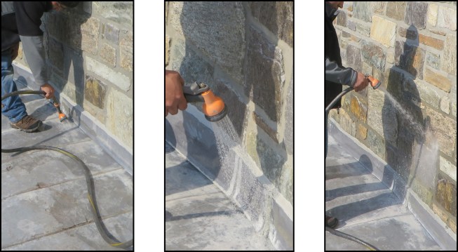 The roof over a projecting bay abutted the second floor’s stone-veneered wall. Water-testing progressed upward: First, the soldered metal roof was water-tested (left), then the counterflashing and the sealant joint just above the roof (middle), and last, the stone wall above the flashing (right).