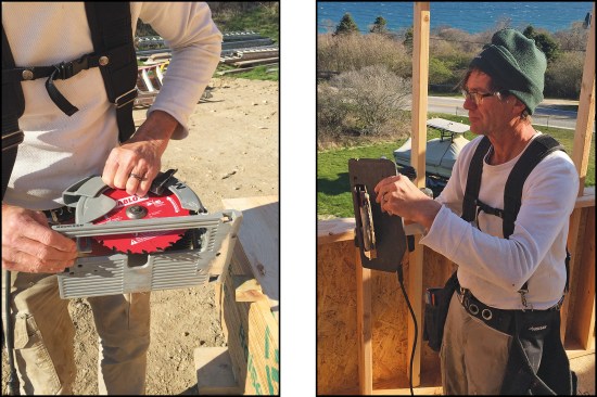 Most circular saws have a blade-depth setting, but it’s faster to hold the guard up and set the depth visually (above left). Calibrated markers on the front of the saw are used to set the bevel angle. Holding the saw up vertically keeps the weight of the table from moving the saw while you lock it in (above right).