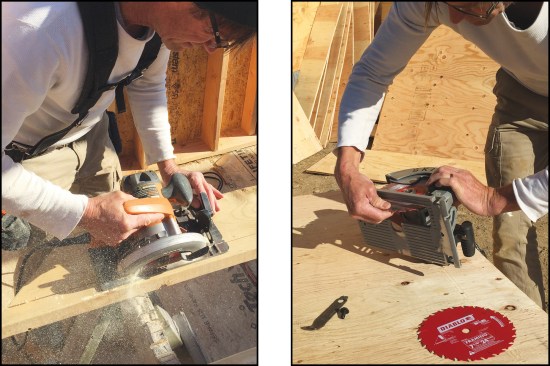 To avoid binding, adjust the blade depth so that cuts are only slightly deeper than the stock thickness (above left). To change a blade, hold the saw, blade lock, and retracted guard simultaneously with one hand while using the other hand to remove the arbor nut with the blade wrench (above right).