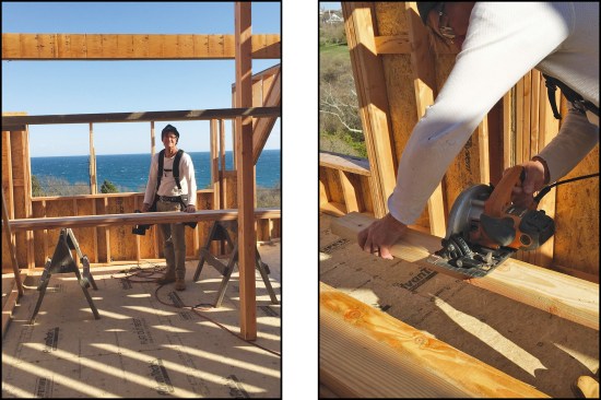 By setting sawhorses apart slightly less than half the length of your stock (for example, 7 1/2 feet for a stack of 16 footers), you can cut pretty much any length, from either end, without moving the horses or sliding the lumber very far (above left). When cutting off an end, reach across the saw before you finish the cut and catch your piece so you don’t need to bend over and pick it up (above right).