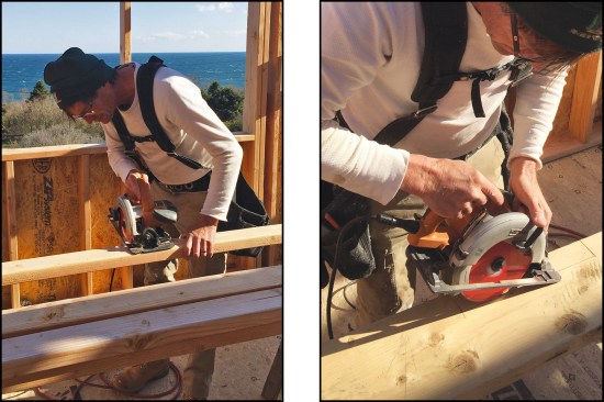 When cutting between the horses, use slight pressure up and back with your off hand to prevent binding. When the cut is done, hold one piece with your hand and the other one balanced with the saw—again, nothing drops to the floor where you would need to pick it up (above left). When notching a board, make the edge cuts first, setting the blade depth to avoid over-cutting. Then sight the blade over the cut line and ease it into the board to make the plunge cut (above right), flipping the board over to finish the cut.