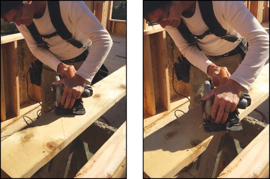Start an angle cut by aiming the blade; if the notch is on the cut line and the blade also starts there, the saw is oriented correctly (above left). You’ll need to lift the blade guard to start most angled cuts (above right), but if the angle isn’t too acute, you can just lift the back of the saw slightly to get it started.