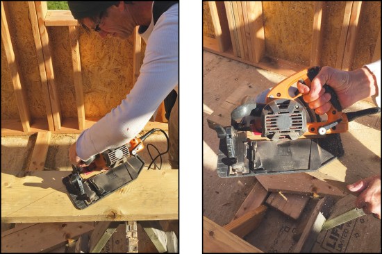 You almost always need to lift the guard to start compound cuts, while the saw angle makes lifting the guard and holding the front handle at the same time a little tricky (above left). Follow the cut line carefully to avoid binding the blade (above right).