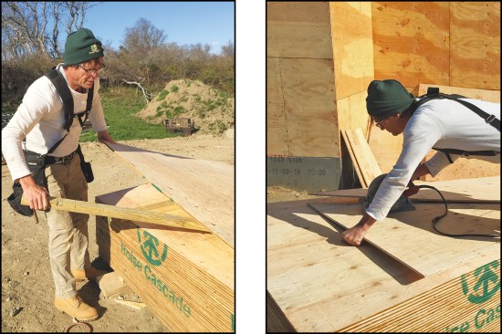 When cutting sheathing, lift the top sheet (or several, if you’re gang cutting) and throw one or two scrap pieces of lumber under it (above left). With two scrap pieces about 3 1/2 feet long, you can make wide rips, notches or odd shapes, and diagonal cuts right off the stack (above right).