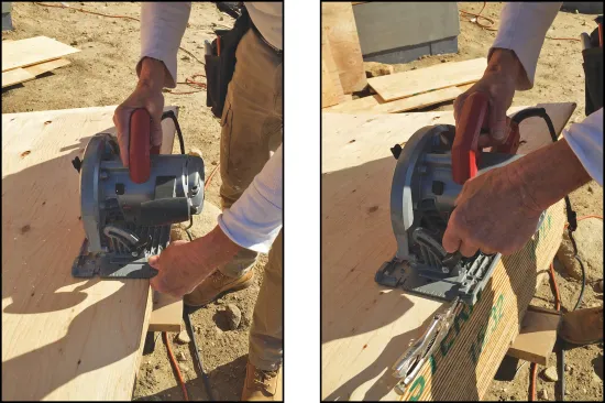 When making narrow rips, clamp your fingers on the front of the base after starting the cut to help guide the saw (above left). Alternatively, you can do it visually using the scale or notches on the front of the table. For repetitive narrow rips, clamp locking pliers to the table to help guide the saw (above right).
