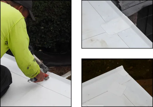 Along the gravel stop edge, the upslope strip of TPO is lapped 2 to 3 inches over the downslope strip (left). The seam between lengths of “TPO metal” edge is patched with TPO membrane (right, top and bottom), and the cut edges are later sealed with sealant.