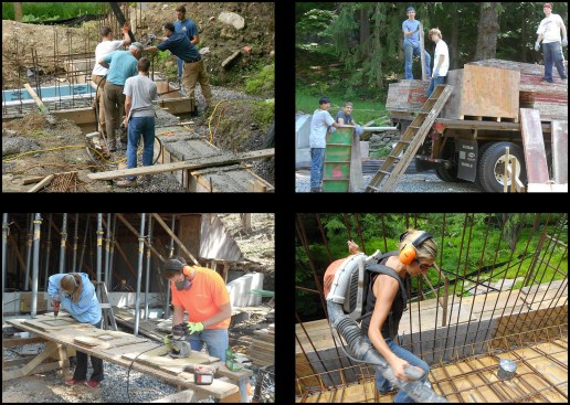 The Hobbit Hollow crew. Top left: Jim Costigan (dark-blue shirt) and son, Ethan, guide the pump hose to fill the footing forms (sons Jude and Terence and family-friend Albert look on). Top right: Terence Costigan and friends Mikey, Peter, Taylor, and Zack break down and load one hundred and sixty 90-lb. Symons concrete forms. Bottom left: Daughter Georgia and son Jude shape the decorative blocks out of scrap high-density overlay (HDO) plywood on a site-built router table. Bottom right: Jim’s wife, Jo Costigan, cleans the roof deck in preparation for setting the roof slab’s top reinforcing grid down.