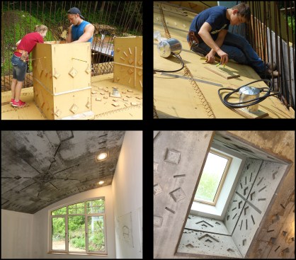 Top left: Georgia and Jude Costigan build forms one of the home’s four skylight wells. Top right: Terence Costigan installs can lighting centered in a decorative block. The lighting was wired with poly-coated BX cable—both the can lighting and BX cable were rated to be set in the concrete roof. Bottom: Note the patterns on the finished ceiling in bedroom (bottom left) and kitchen skylight well (bottom right).