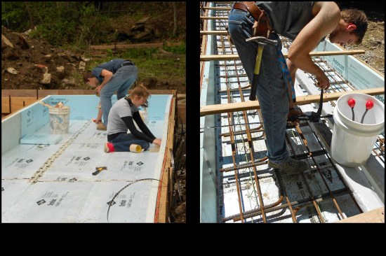 To prevent thermal bridging, the footings were insulated with 2-inch-thick (60-psi rated) XPS insulation. Here, Georgia and Jude Costigan tape the rigid insulation’s seams with 3M flashing tape (photo, left). Jude applies banding wire to the forms (in addition to traditional support stakes and spreader cleats), tensioning the wire to help prevent "blow outs" (photo, right).