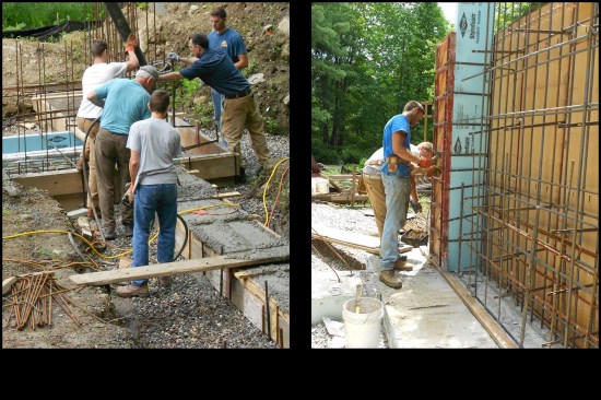 Jim Costigan (dark blue shirt) and son, Ethan, guide the pump hose to fill the spread footing (photo, left). With the wall reinforcing set on one wall, Jude and Ethan install the outer Symons concrete forms (photo, right). 