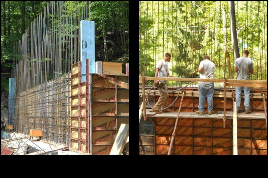 Hundreds of 14- and 20-foot lengths of #5 rebar needed to be installed in the walls to reinforce the arch-shaped roof (photo, left). The long lengths of rebar were later bent down to form the roof’s reinforcing grid. Ethan fills the walls forms, while Jude and friend, Kevin, used a concrete vibrator to level the concrete (photo, right).