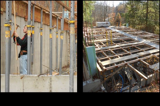 To form the roof, a temporary flat deck needed to be built to support the roof’s curved formwork. The deck was built at wall height using OSHA planking supported by 4x4 stringers on 150 metal post shores (photo, right). Here, Jude installs a metal post shore (photo, left).